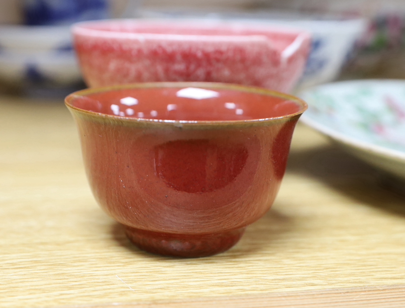 Three Chinese famille verte dishes, various bowls and tea bowls and a cup